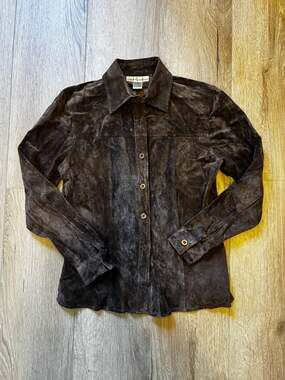 Suede Essentials Brown 100% Leather Suede Button Down Shirt Size S